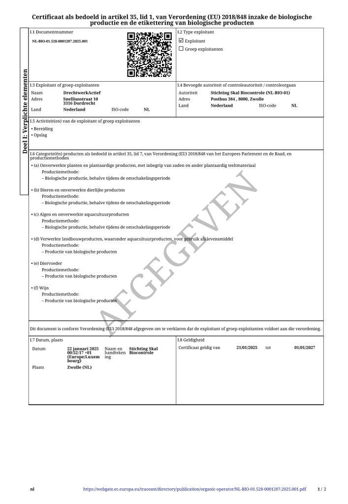 Certificaat SKAL Biocertificaat